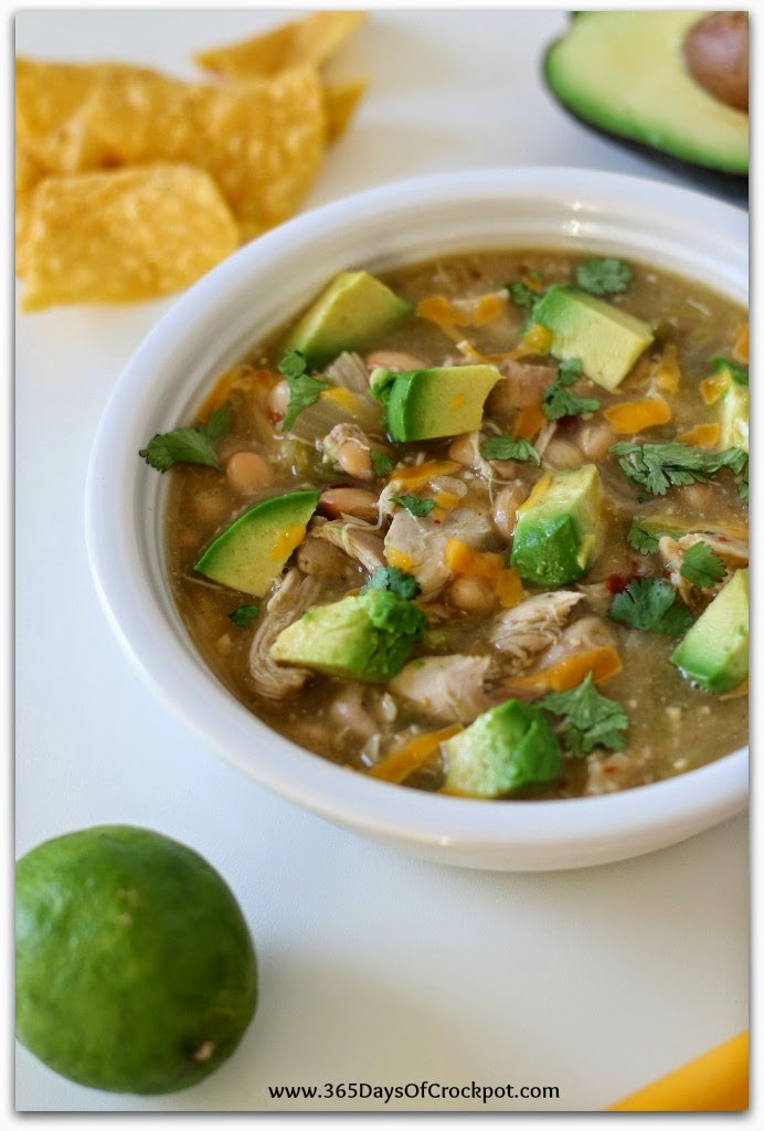 Green Chicken Chili in the Slow Cooker with Avocados