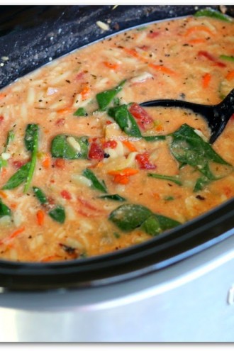 Slow Cooker Italian Orzo Soup with Spinach and Parmesan