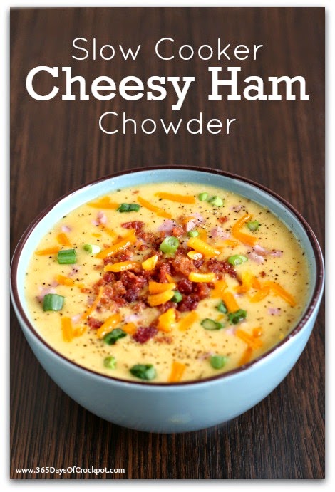 Slow Cooker Recipe for Cheesy Ham and Potato Chowder with Bacon. Best chowder ever!