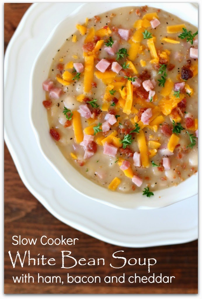 Crockpot ham and bean soup with cheddar and bacon
