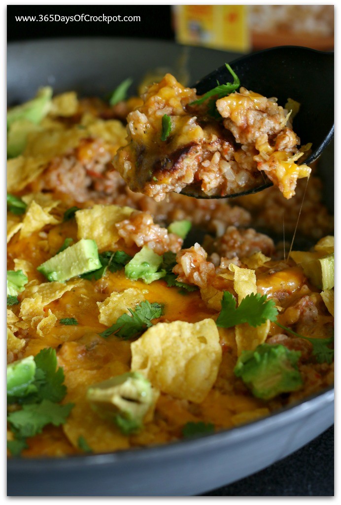 One Skillet Cheesy Salsa Rice with Sausage, Avocados and Tortilla chips