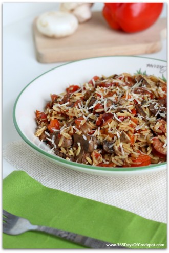 Slow Cooker Smoked Sausage with Peppers, Mushrooms, Orzo and Parmesan