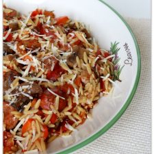 Smoked Sausage with Peppers, Mushrooms, Orzo, and Parmesan