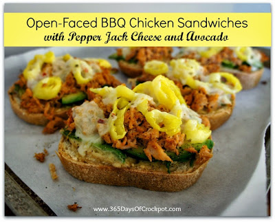 Recipe for Crock Pot BBQ Chicken Sandwiches.  These open faced sandwiches are soooo yummy with the avocado, pepperjack and banana peppers.  #crockpot #slowcooker #chicken