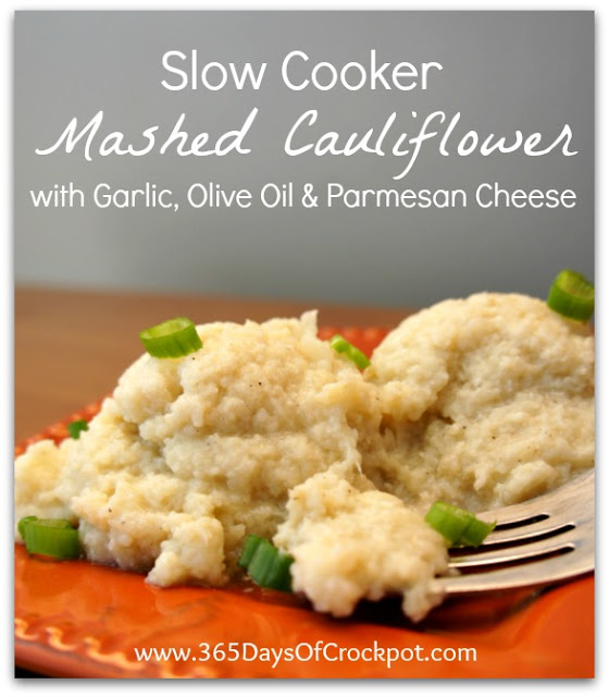 Recipe for Slow Cooker Mashed Cauliflower with Garlic, Olive Oil and Parmesan Cheese #vegan #crockpot 