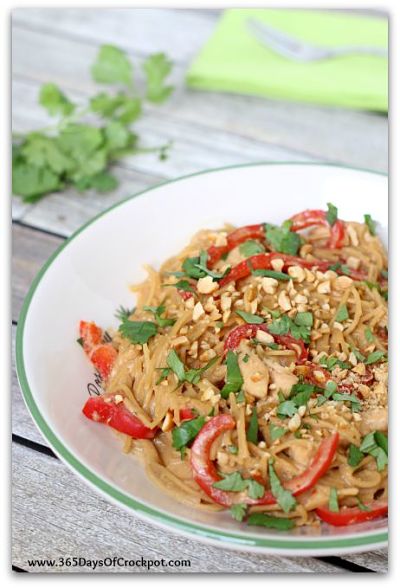 Slow Cooker Thai Chicken and Noodles: Moist, bite-size pieces of chicken and tender pieces of red bell pepper surrounded by a creamy, peanut sauce with a hint of lime. It sounds exotic but it's so easy pretty much anyone can make it :)