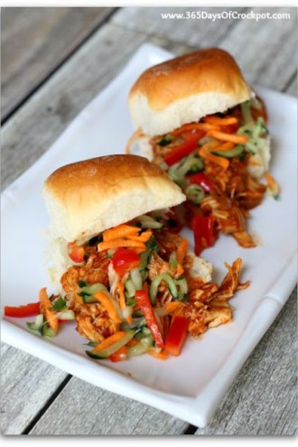 Slow Cooker Sweet and Tangy Pulled Chicken Sliders with Cucumber Slaw