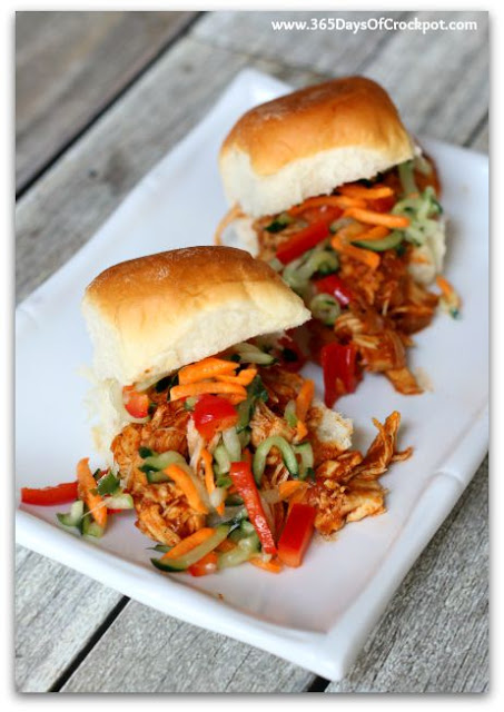 Instant Pot Chicken Sliders with Cucumber Slaw—Tender shredded chicken with a scrumptious sauce and then a little crispness from cucumbers. An easy recipe with a lot of flavor and freshness. A perfect meal for a summer evening. 