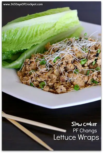 Slow Cooker PF Chang's Lettuce Wraps: Ground chicken, mushrooms, green onion, water chestnuts and crispy rice sticks all rolled up into crisp leaves of lettuce.
