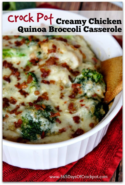 Crock Pot Creamy Chicken Quinoa Broccoli Casserole #easydinner #crockpot #glutenfree #bacon #quinoa
