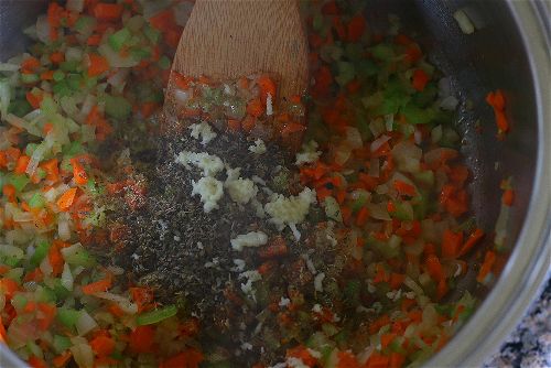 add in the spices and garlic--mirepoix for tomato soup
