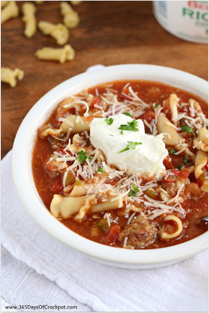 Italian Sausage Lasagna Soup made in the slow cooker--so easy and fast