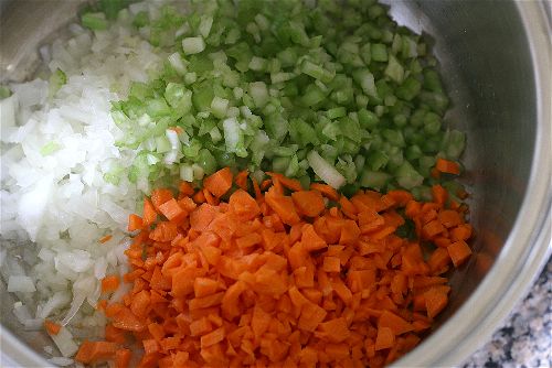 mirepoix--onions, carrots and celery for making tomato soup