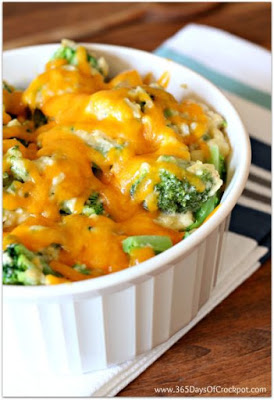 cheesy casserole with broccoli, rice and chicken and it's made in the slow cooker