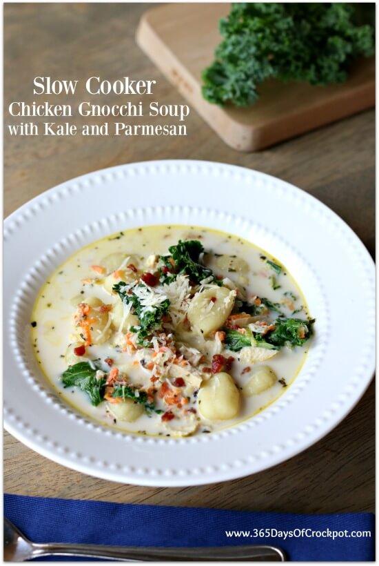 Slow Cooker Chicken Gnocchi Soup with Kale and Parmesan: A cream based soup with tender, moist bites of chicken, bacon crumbles, bright green leafy kale and dumpling-like gnocchi.