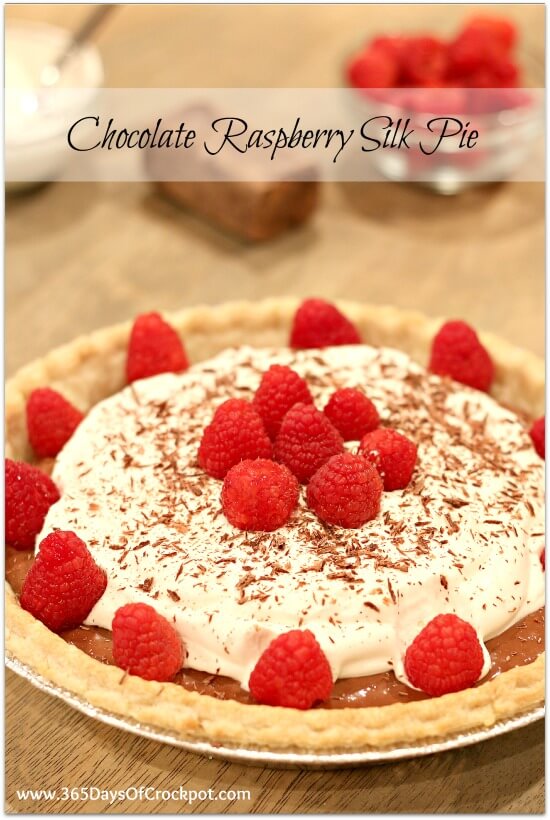 Recipe for French chocolate silk pie with raspberry filling and whipped cream.