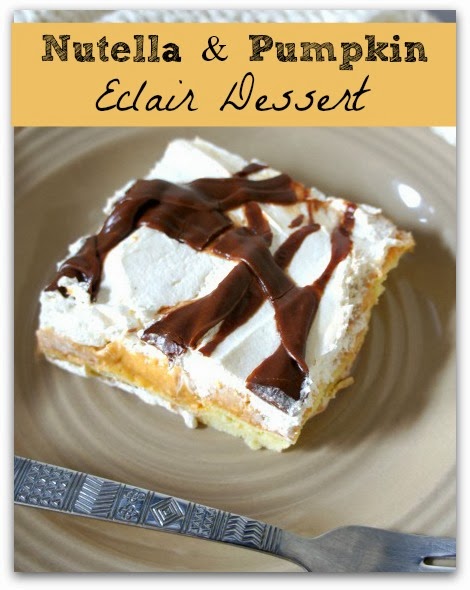 Pumpkin Eclair Dessert with a nutella topping drizzled all over the top.  This dessert is to die for!