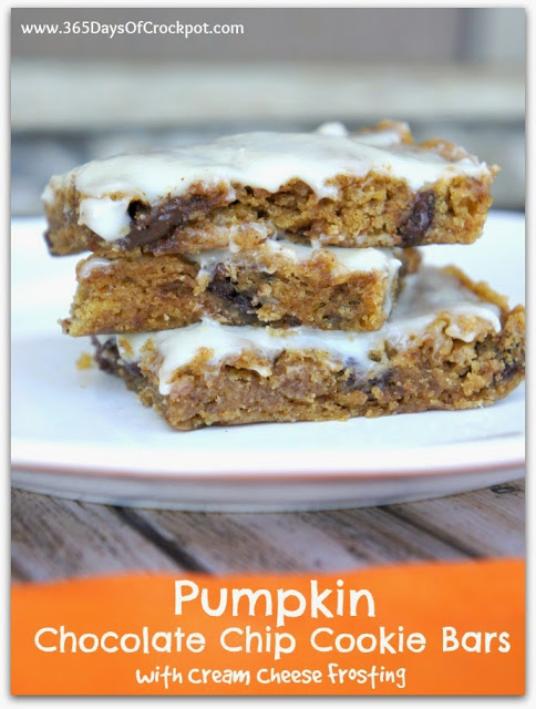 From scratch pumpkin chocolate chip cookies bars with cream cheese frosting. #easydessert #pumpkin #fallflavors