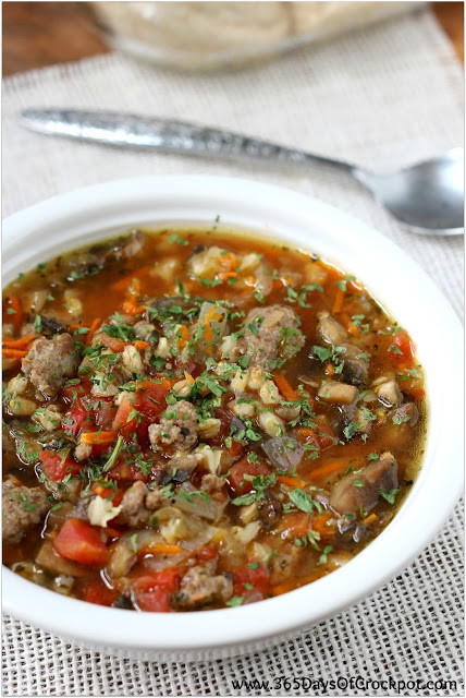 Crockpot turkey sausage and barley soup. So easy to make and really delicious.