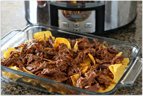 shredded beef (made in the crockpot) on top of tortilla chips