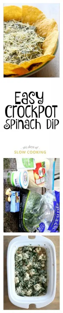 Easy slow cooker dip with spinach, cream cheese, sour cream, parmesan and garlic