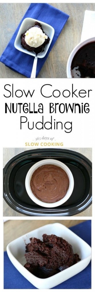 Slow Cooker Nutella Brownie Pudding Recipe--the most amazing dense, moist chocolatey dessert. If you love rich dark chocolate, you'll love this nutella brownie in the crockpot.