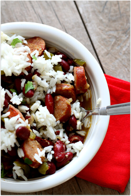 Easy slow cooker recipe for Louisiana red beans and rice--not too spicy but plenty of flavor!