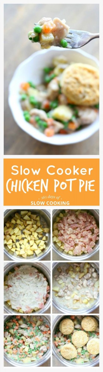 Easy and creamy slow cooker chicken pot pie recipe with tender pieces of chicken, chunks of yellow potato and peas and carrots