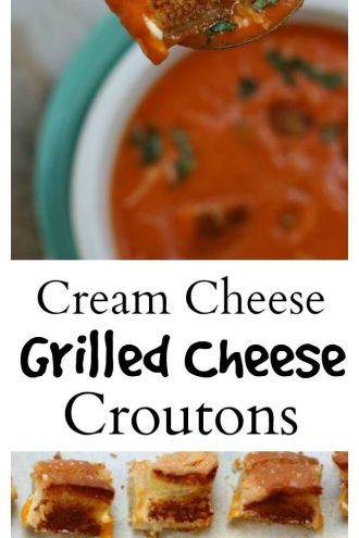 Mini Cream Cheese Grilled Cheese Croutons with Roasted Red Pepper Soup