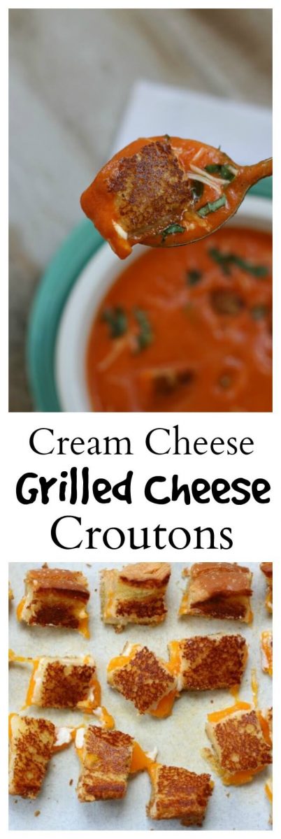 Cream Cheese and Cheddar Grilled Cheese Croutons on top of Roasted Red Pepper Soup--the perfect combination!