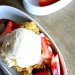 easy 4 ingredient strawberry rhubarb cobbler with vanilla ice cream