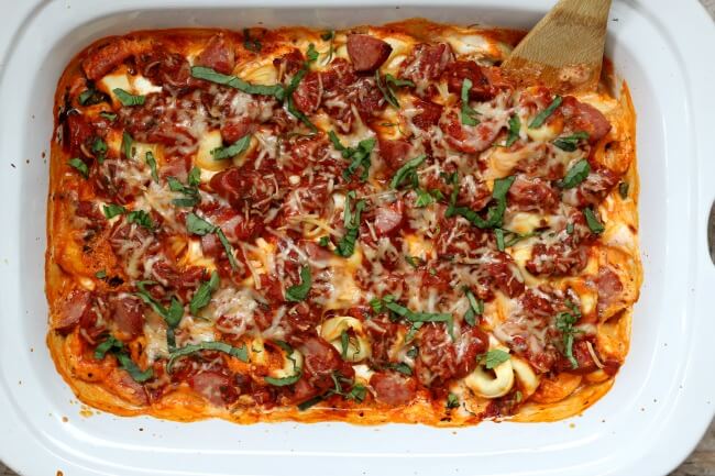 recipe for slow cooker tortellini lasagna casserole with cream cheese and basil