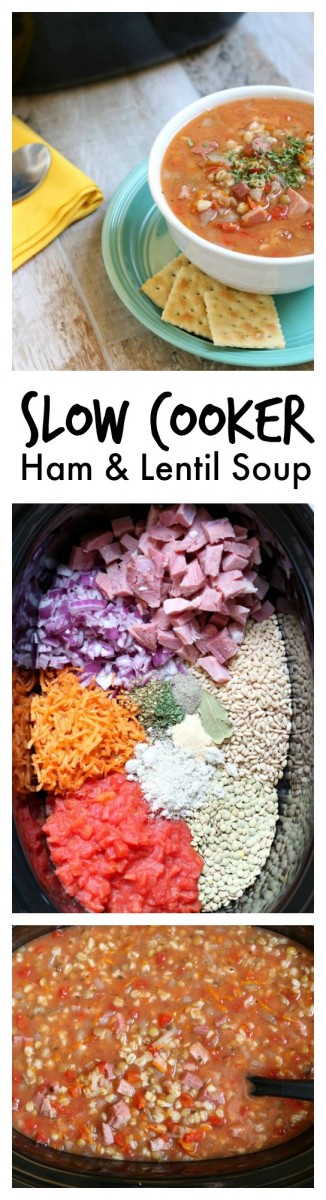 Super easy crockpot recipe for ham and lentil soup...throw everything in the crockpot and walk away