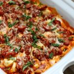 slow cooker or oven tortellini lasagna casserole with smoked sausage and basil