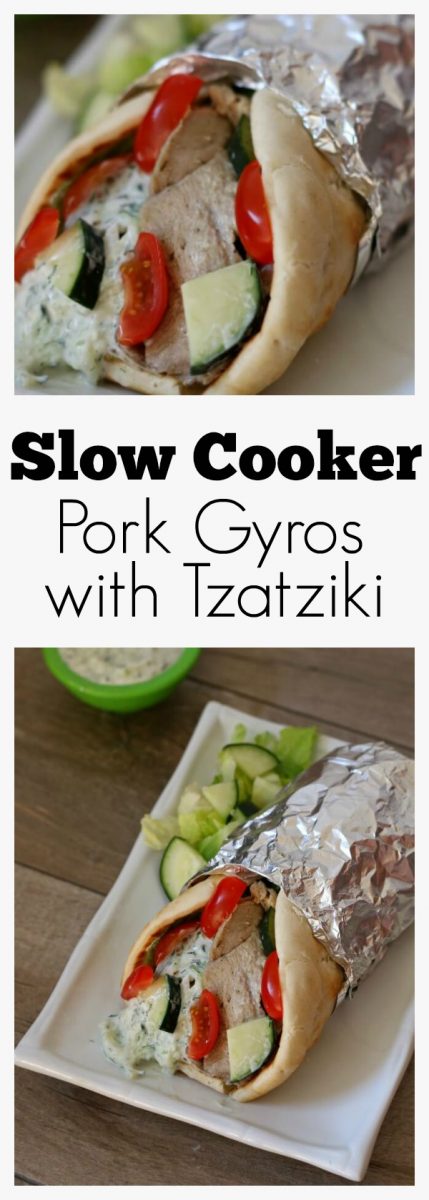 slow cooker pork gyros recipe with tzatziki (cucumber yogurt sauce)