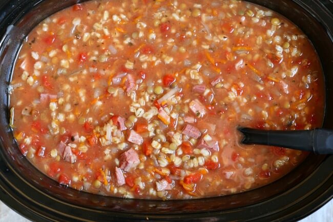 slow cooker recipe for ham and lentil soup with barley