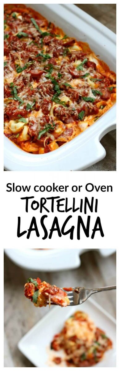 Simple to make but you wouldn't know it! This easy dinner recipe for tortellini lasagna with smoked sausage has all your favorite flavors but doesn't require browning meat or cooking noodles before putting it together. The added bonus is that you can cook it in the oven or the slow cooker--it's up to you!