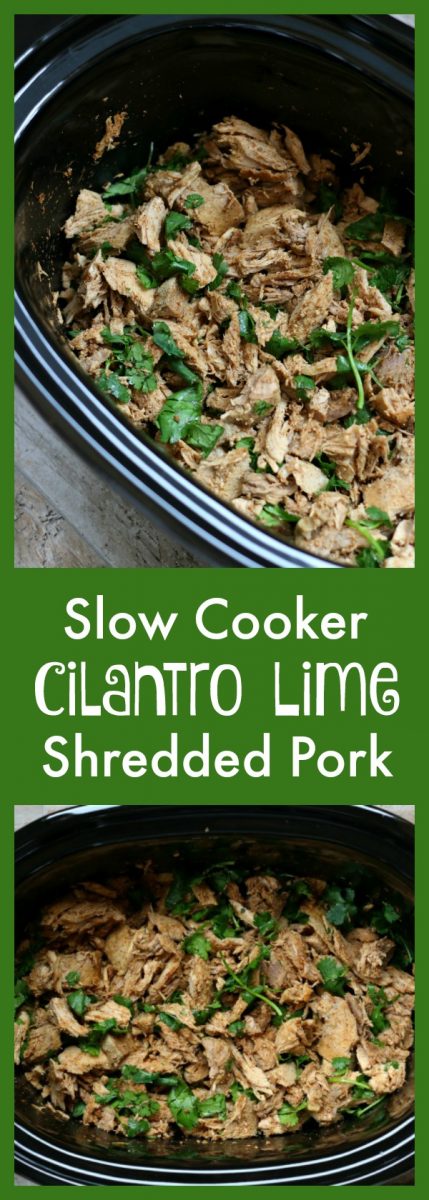 Slow Cooker Cilantro Lime Shredded Pork: A zesty, versatile shredded pork that can be served in salads, tacos, burritos, quesadillas or enchiladas. This is a perfect kid-friendly summer slow cooker meal that can also be easily made into a freezer meal. 