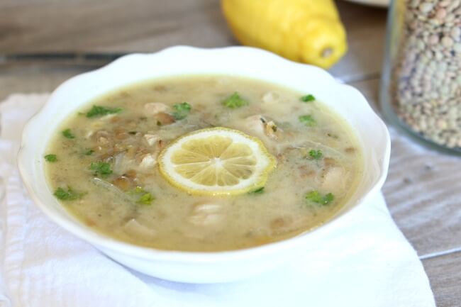 Slow Cooker Lemon Lentil Chicken Soup: a brightly flavored chicken and lentil soup based on the Greek Classic avgolemono, which translates as “egg-lemon.” It is a light and healthy soup that can be served as a starter or as the main dish.