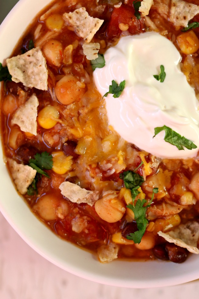 Slow Cooker Corn, Rice and Salsa Chicken Soup--a thick taco soup with tender, moist pieces of chicken, chewy brown rice, sweet corn, creamy chickpeas, spicy salsa and black beans.