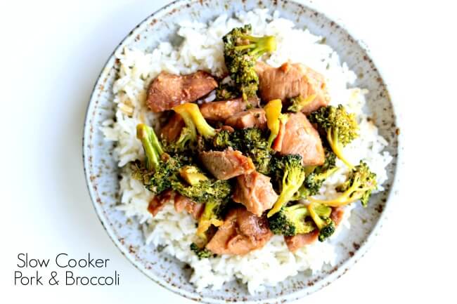 Slow Cooker Pork and Broccoli--you've heard of Asian beef and broccoli but I'm mixing it up today by using pork sirloin instead. This gluten free crockpot recipe is super easy but it will make you feel like you're eating at your favorite Chinese restaurant. Tender pieces of pork and a super savory sauce with semi-cooked broccoli all go together nicely over white rice. 