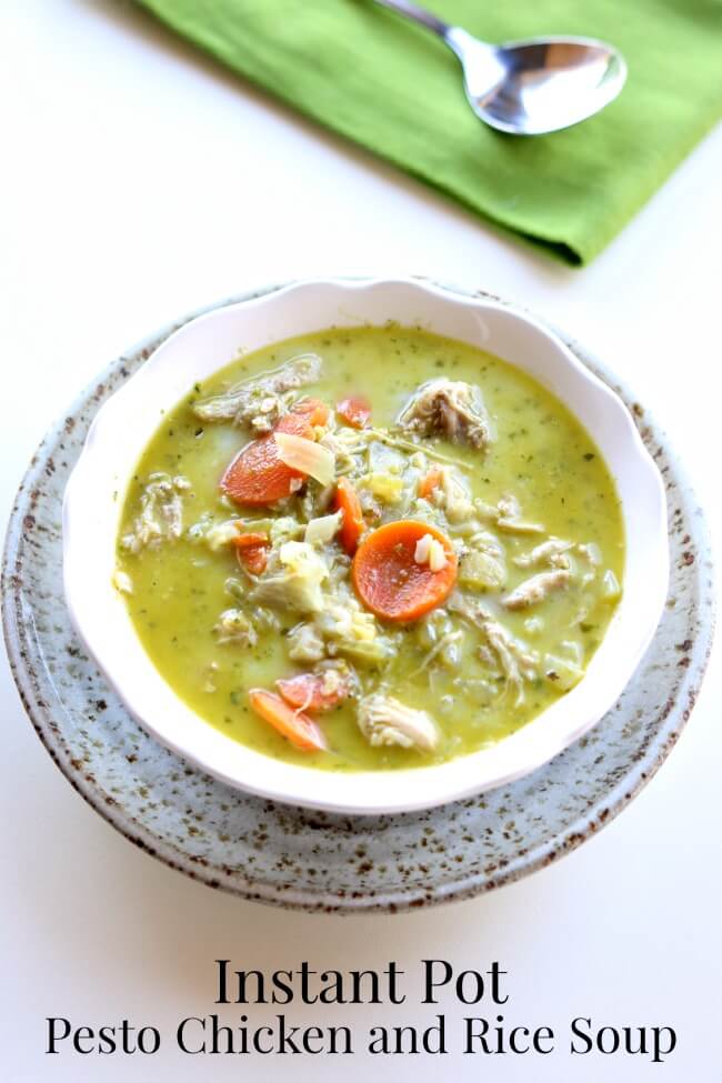 Instant Pot Pesto Chicken Rice Soup--a flavorful soup with tender bites of chicken, chewy brown rice and flavorful basil pesto made in minutes in your pressure cooker. 