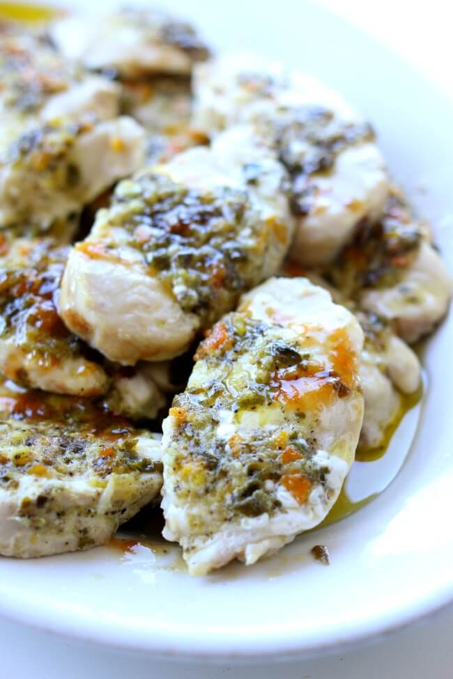 Basil Kumquat Chicken with Purple Cauliflower Mash--this elegant meal contains just 5 ingredients! Olive oil, fresh basil, kumquats, chicken and purple cauliflower (and salt and pepper, but I'm not counting that as an 