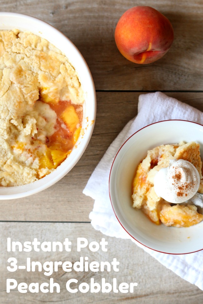 Instant Pot 3-Ingredient Peach Cobbler--fresh peaches, a cake mix and butter are all you need for this simple but totally delicious recipe. Make it quickly in your electric pressure cooker so you can enjoy is faster! 