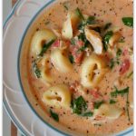 Instant Pot Creamy Tortellini, Spinach and Chicken Soup--creamy tomato based soup with bites of tender chicken, cheesy tortellini and fresh bright green spinach. This version is made in the electric pressure cooker and is a quick and easy one pot meal. Everyone in my house loves this soup and I love making it for friends too. I've never heard a complaint when I've made this soup!