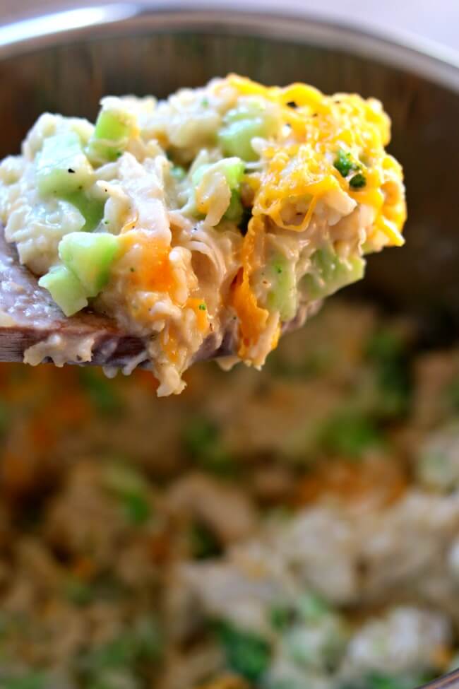 Instant Pot Cheesy Chicken Broccoli Rice Casserole–a lightened up, easy pressure cooker version of a favorite casserole. This version uses hearty brown rice and for the creaminess it uses greek yogurt instead of cream of chicken soup.