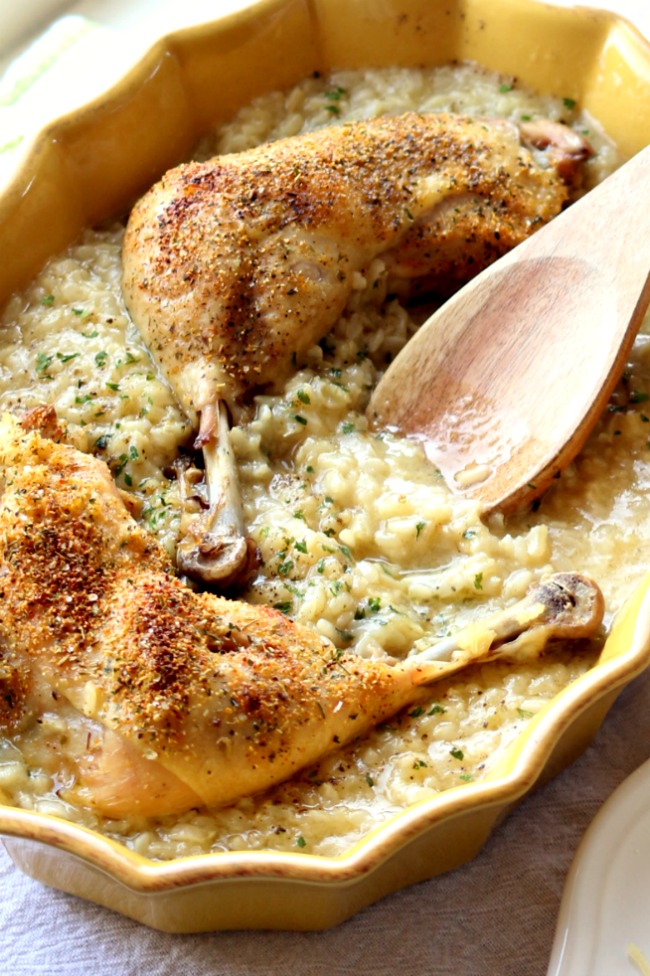 Slow Cooker Chicken and Brown Rice--whole chicken legs are seasoned and cooked until tender in your slow cooker and then browned under your broiler. Brown rice is cooked alongside the chicken and comes out with a creamy consistency--almost risotto-like. And no cream of soups are used in this recipe! 