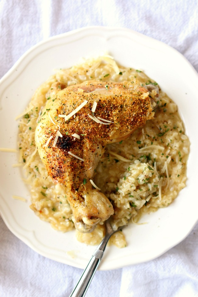 Instant Pot Chicken and Brown Rice--whole chicken legs are seasoned and cooked until tender in your electric pressure cooker and then browned under your broiler. Brown rice is cooked alongside the chicken and comes out with a creamy consistency--almost risotto-like. And no cream of soups are used in this recipe! 