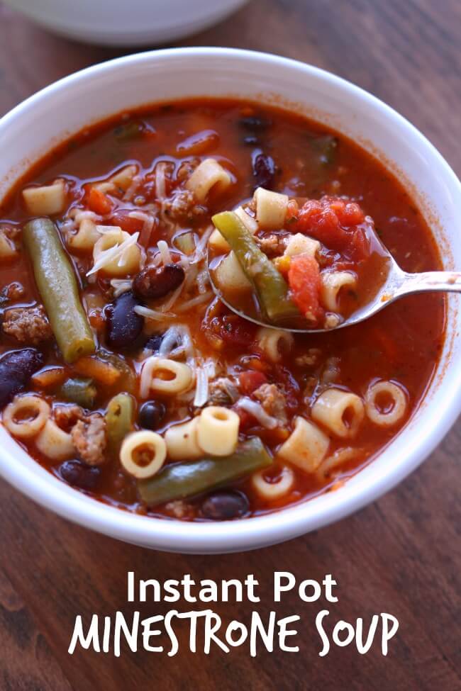 Instant Pot Minestrone Soup: A colorful, healthy, bright-tasting soup that's packed with vegetables, basil, beans, pasta, and ground turkey. Pressure cook this soup quickly and enjoy a warm bowl of delicacies for dinner.