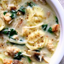 Slow Cooker Tortellini Soup with Parmesan, Chicken Sausage and Mushrooms